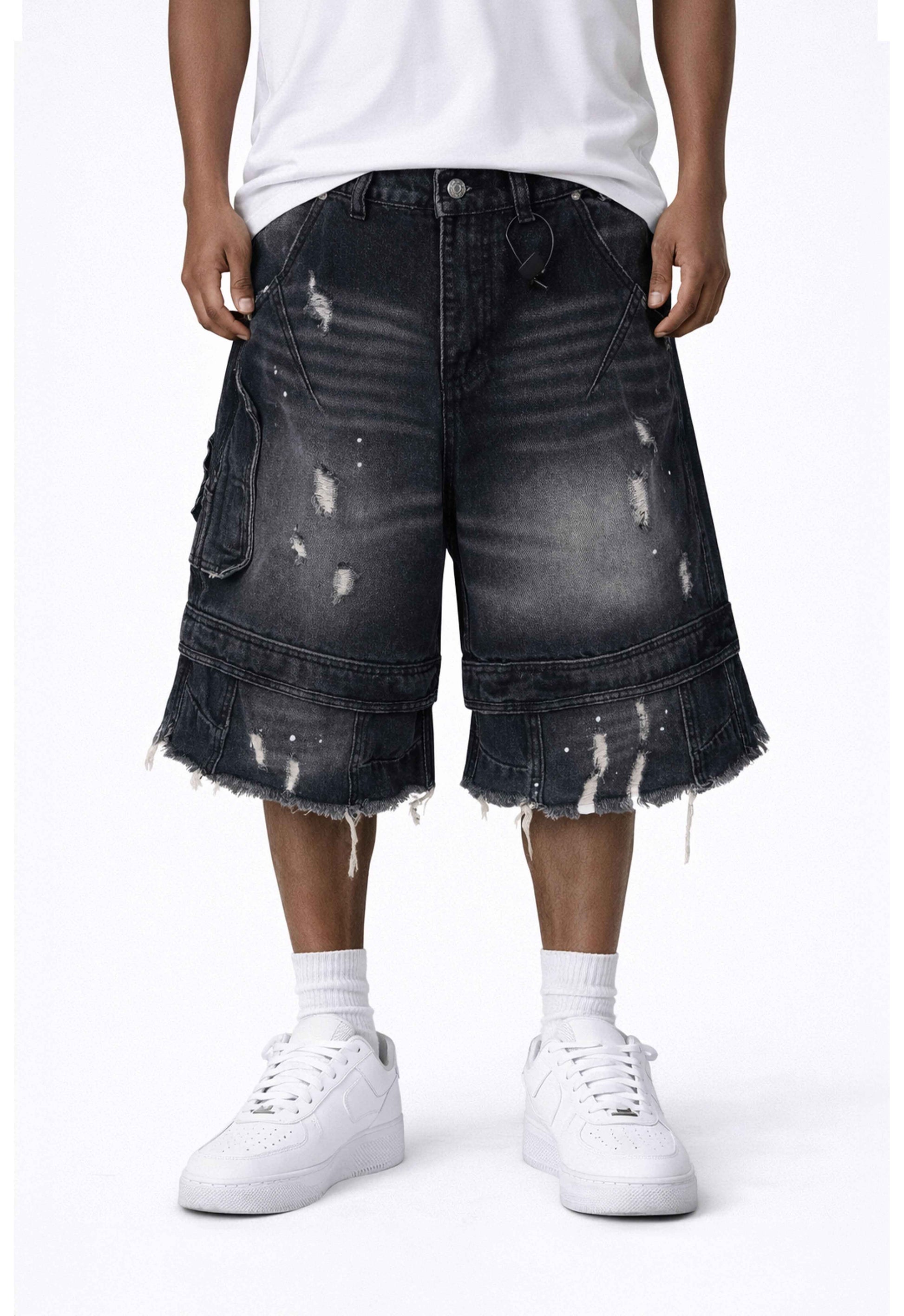 NOIR DISTRESSED CARGO SHORTS
