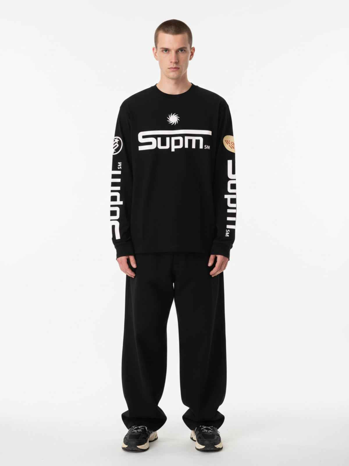 Textured Waffle SUPM Letter Graphic Long Sleeve T-Shirt