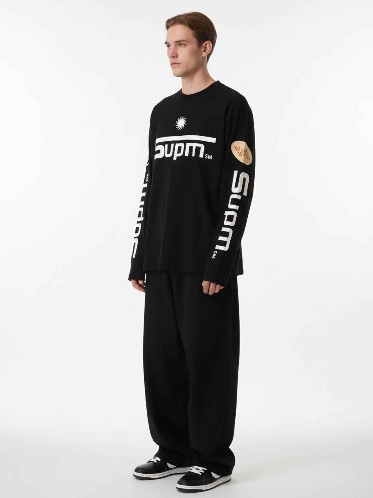 Textured Waffle SUPM Letter Graphic Long Sleeve T-Shirt