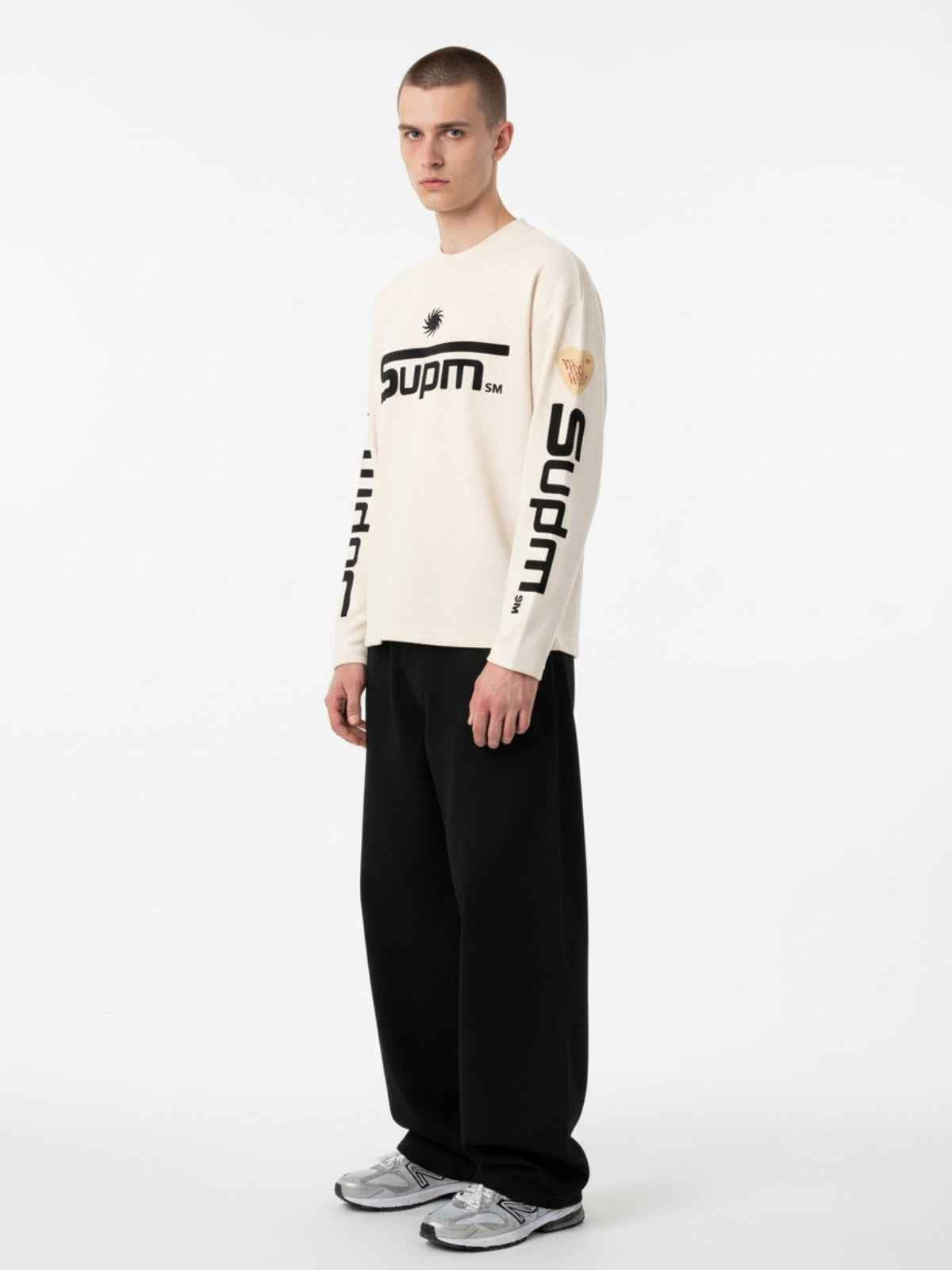 Textured Waffle SUPM Letter Graphic Long Sleeve T-Shirt