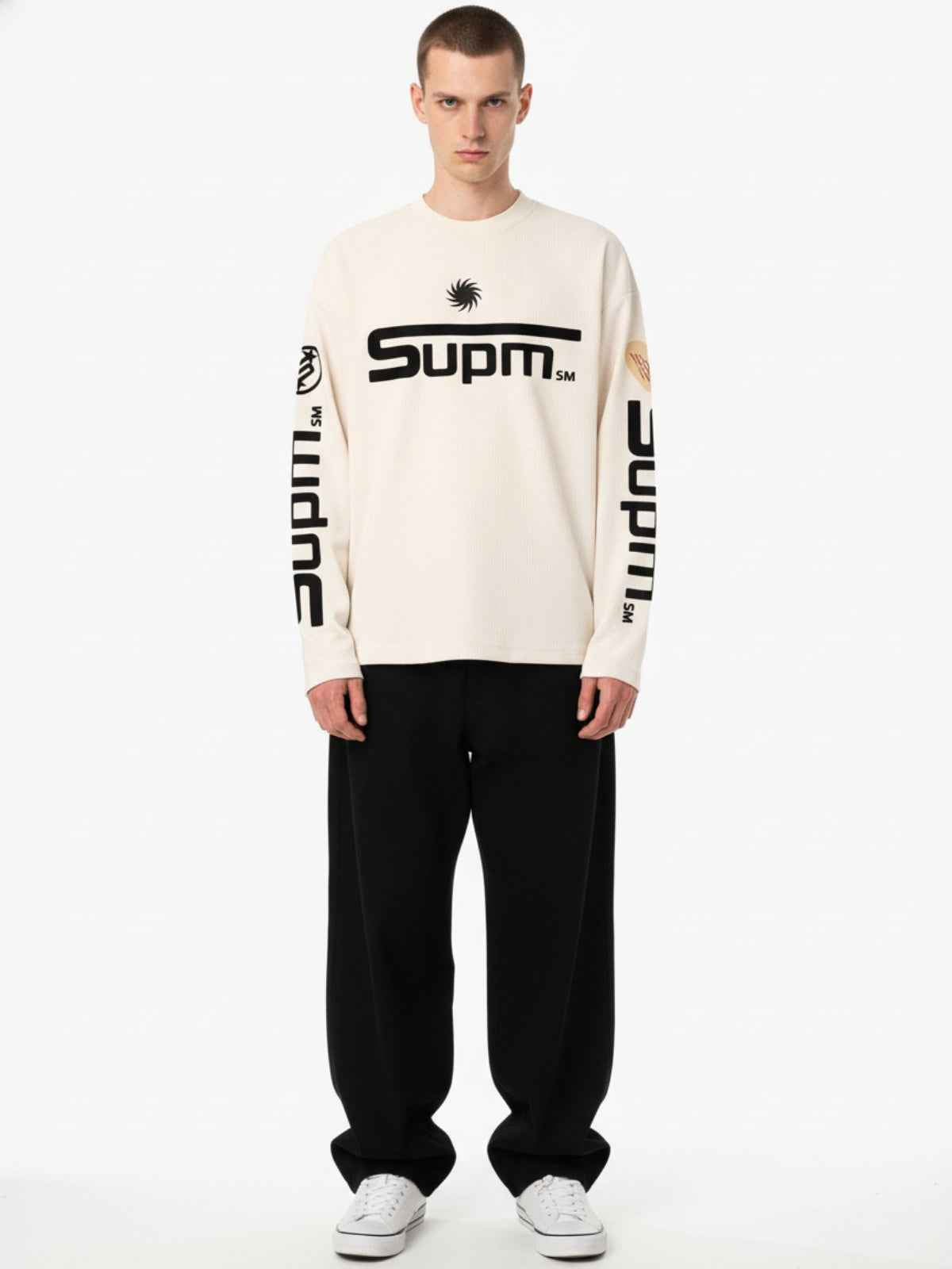 Textured Waffle SUPM Letter Graphic Long Sleeve T-Shirt