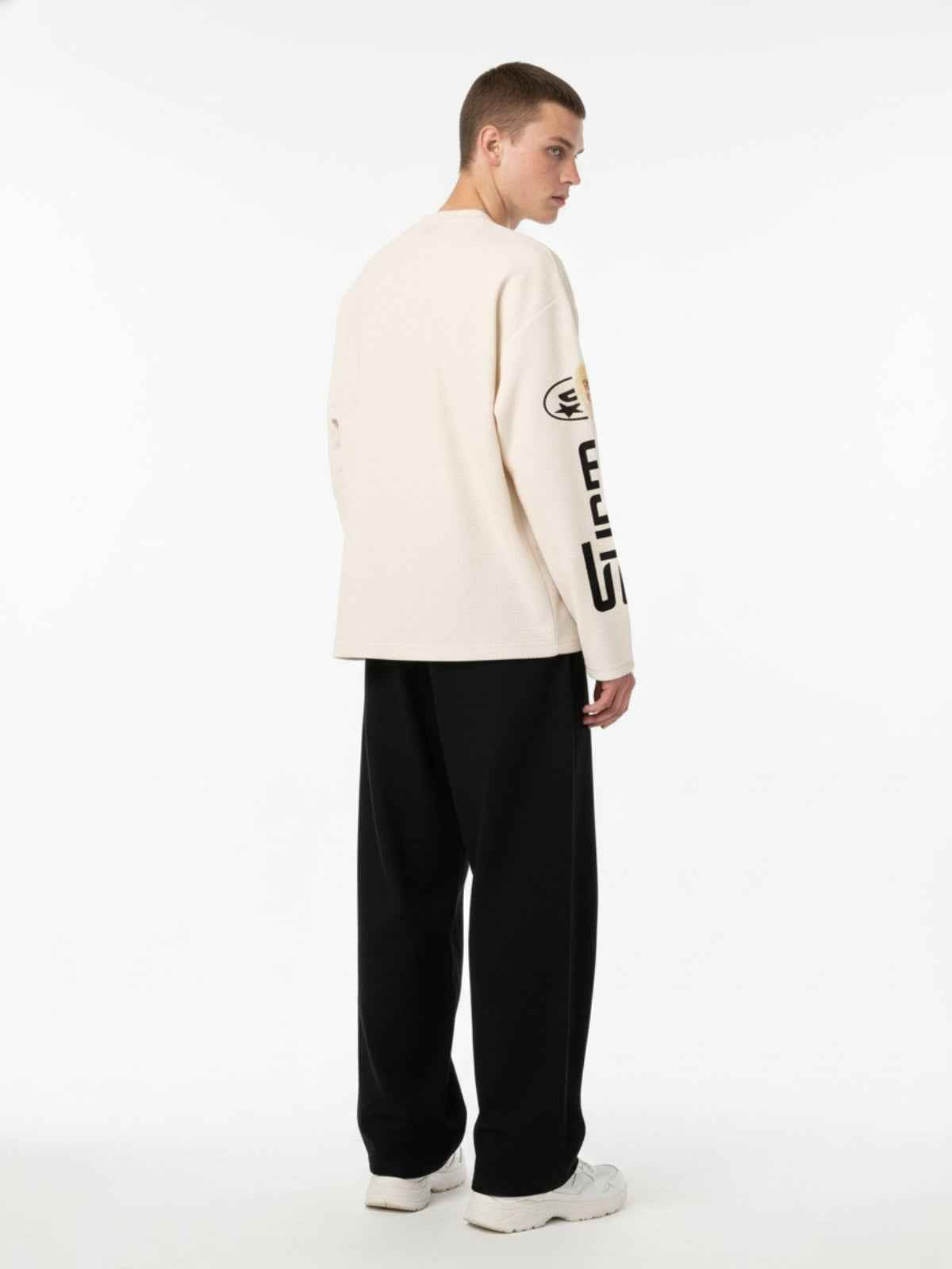 Textured Waffle SUPM Letter Graphic Long Sleeve T-Shirt
