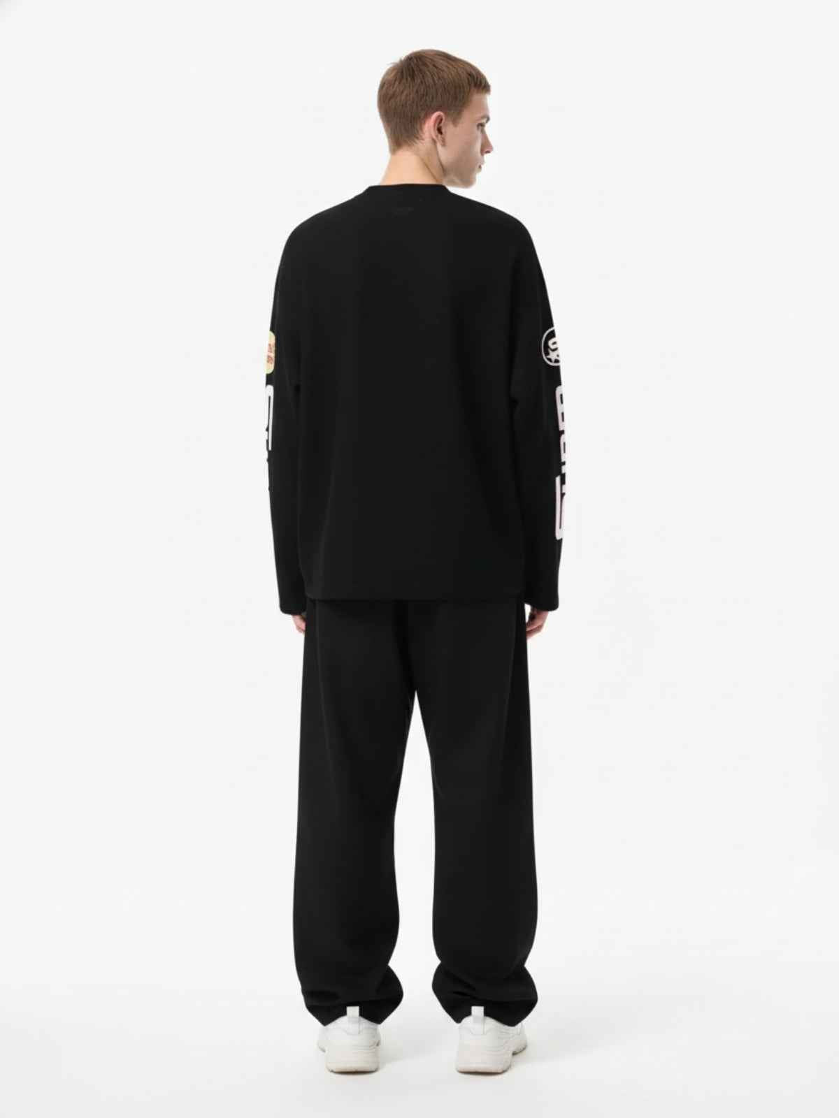 Textured Waffle SUPM Letter Graphic Long Sleeve T-Shirt
