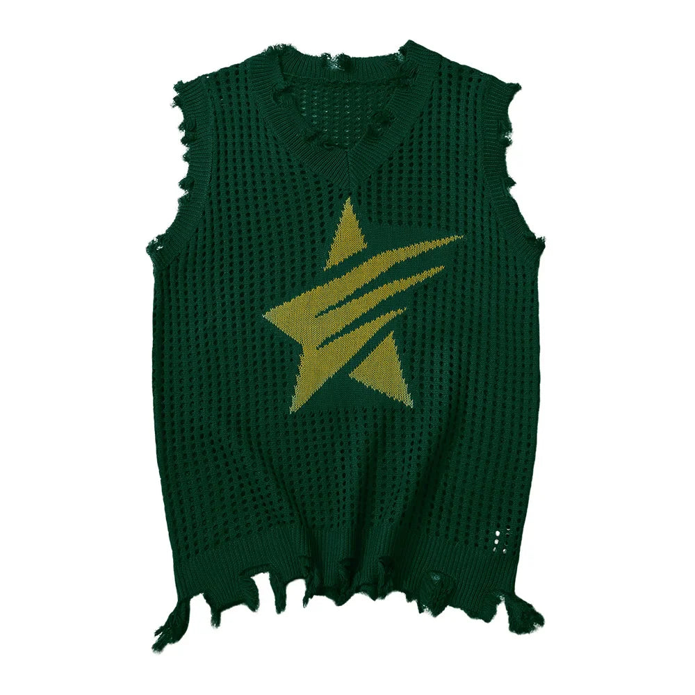 Solid Star Knitted Ripped Vest