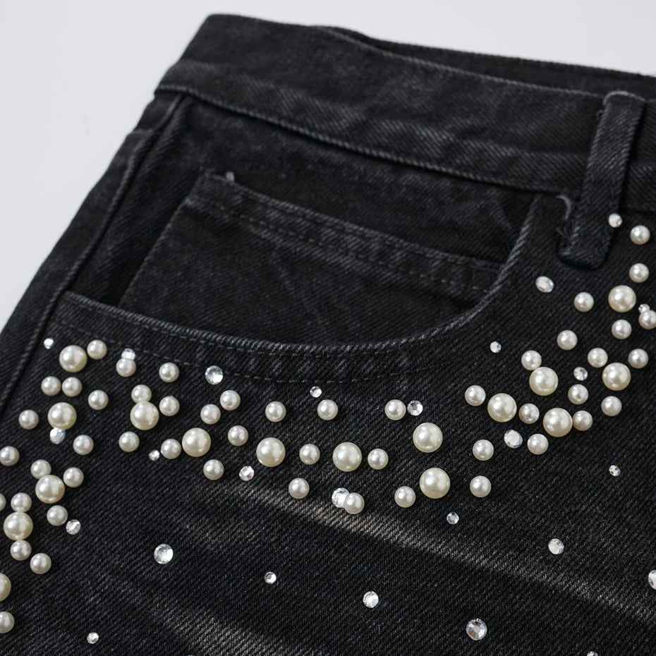 Streetwear Pearl Denim Shorts Unisex