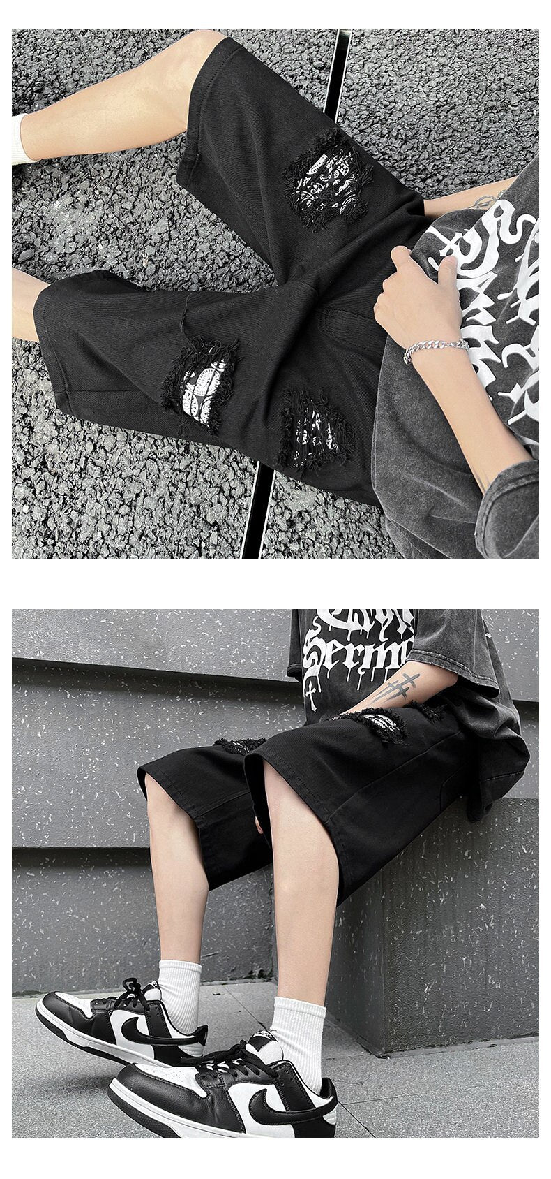 Ripped Hole Patchwork Knee Length Shorts