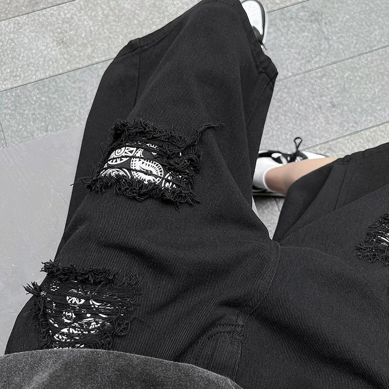 Ripped Hole Patchwork Knee Length Shorts