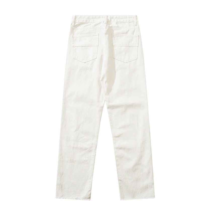 Herringbone Graffiti Print White Straight Jeans