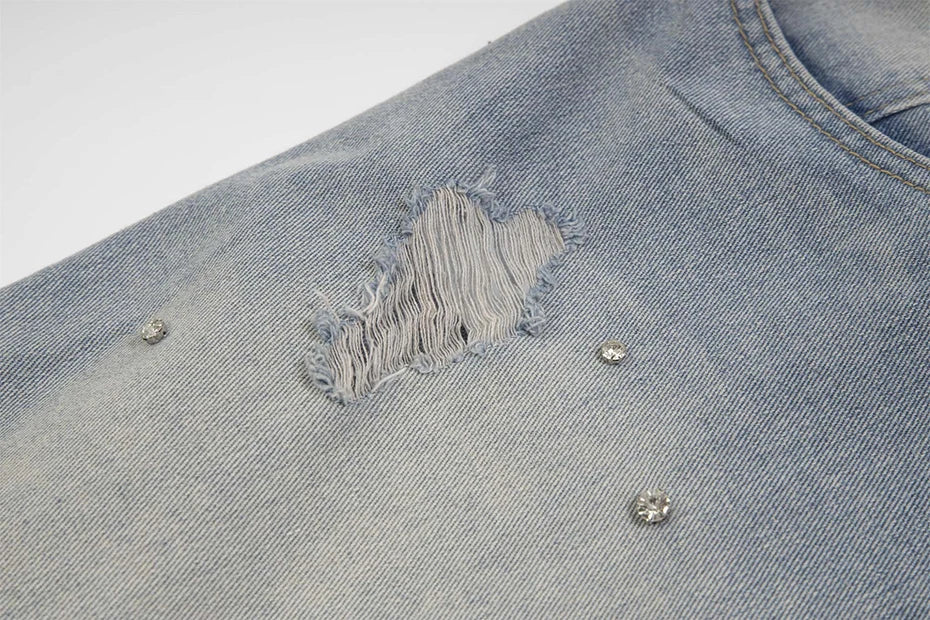 Rhinestone Denim Ripped Shorts