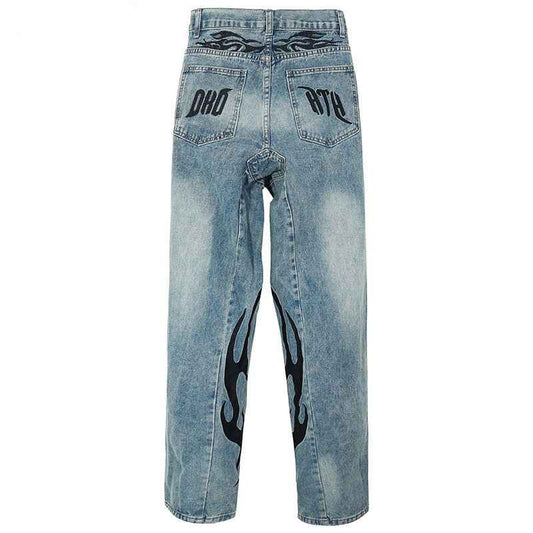 HTH Flame Embroidery Blue Denim Pants
