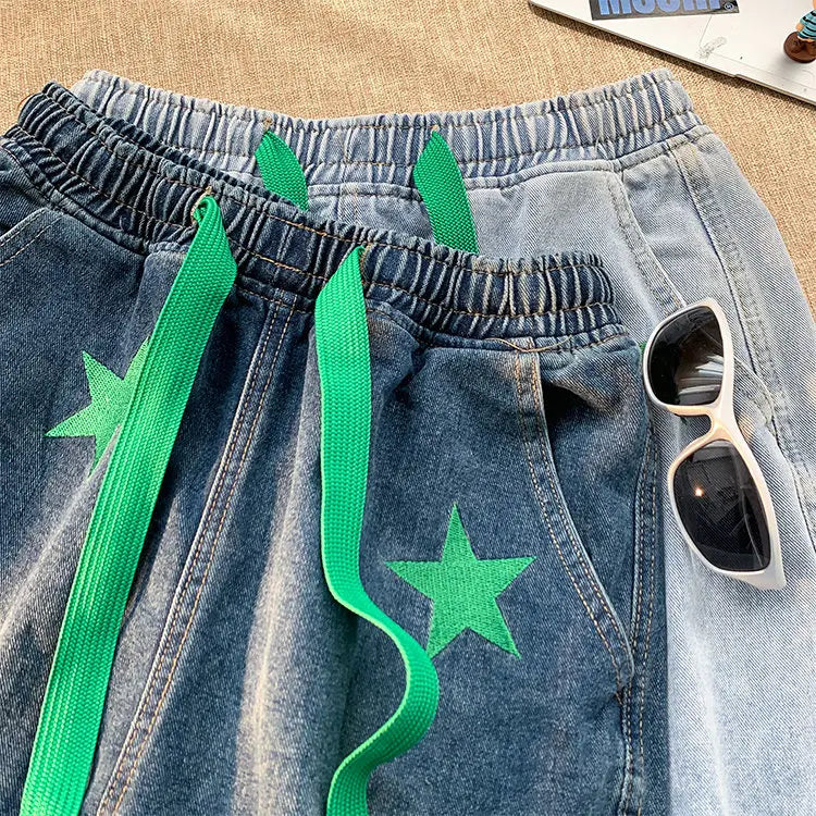 Five-point Star Patchwork Elastic Waist Shorts