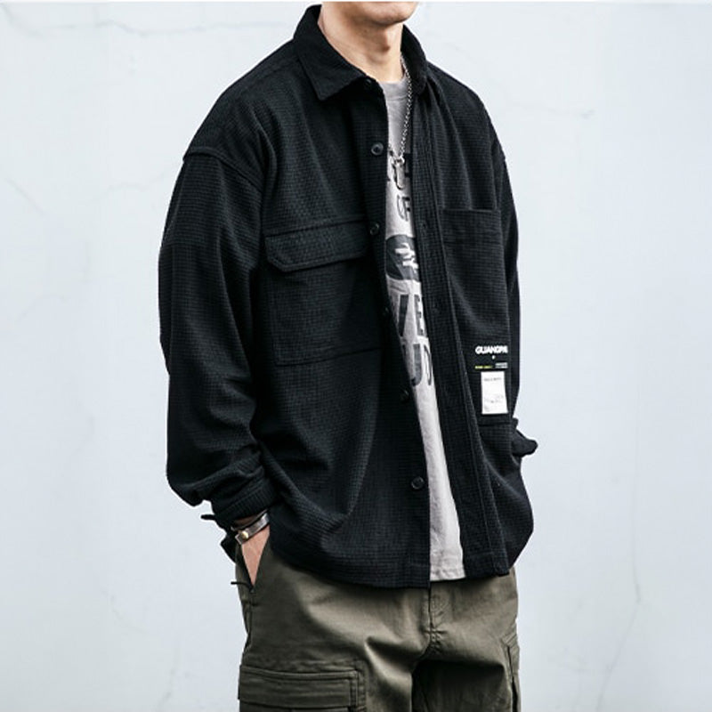 Corduroy Waffle Plaid Semi Collar Overshirt