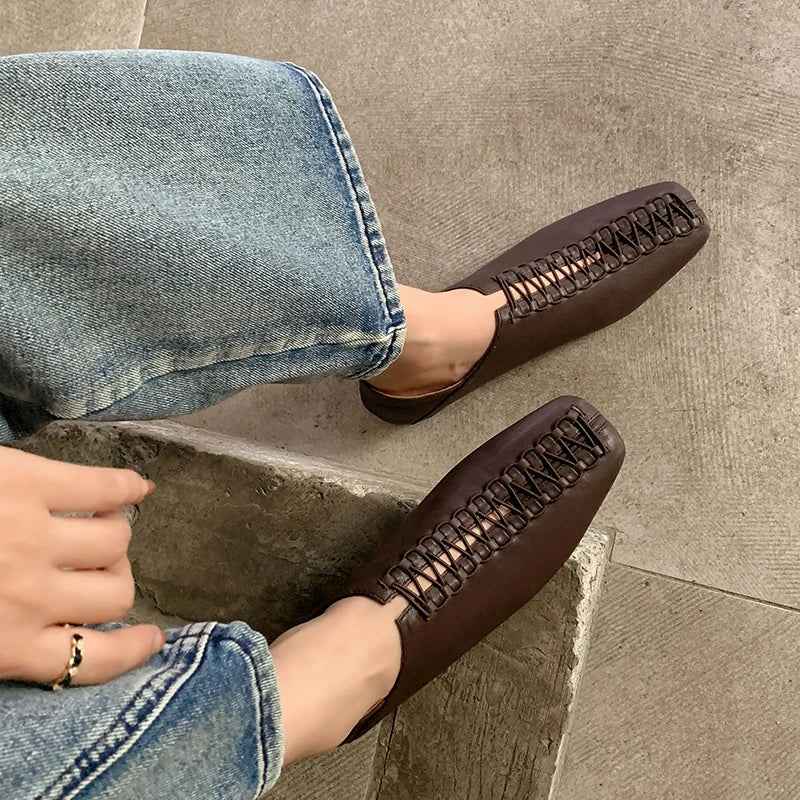 2025 Spring Summer New Women Low Heel Square Toe Basic Casual Working Comfortable Flats Soft Genuine Leather Shoes Woman Concise