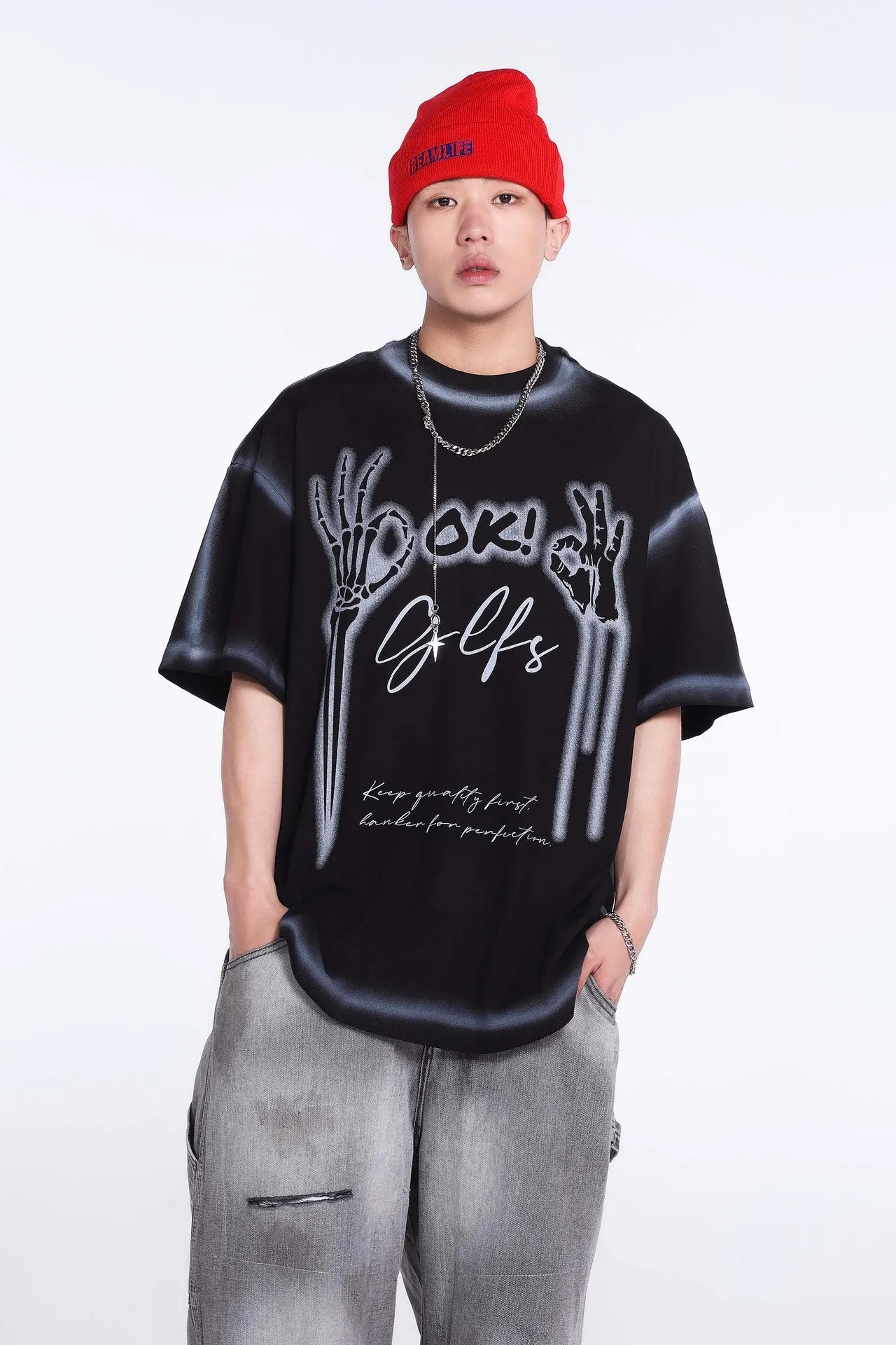 Black Lining Skeleton Hands Graphic T-Shirt