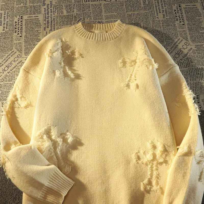 Ripped Y2K Two Shaded Cross Fringed Sweater