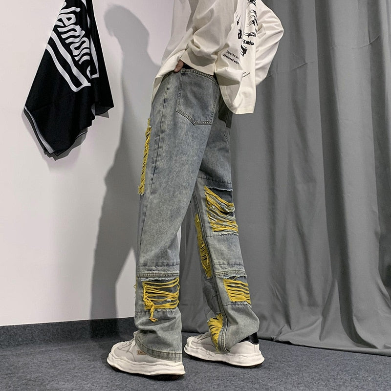 Denim Streetwear Ripped Patches Pants