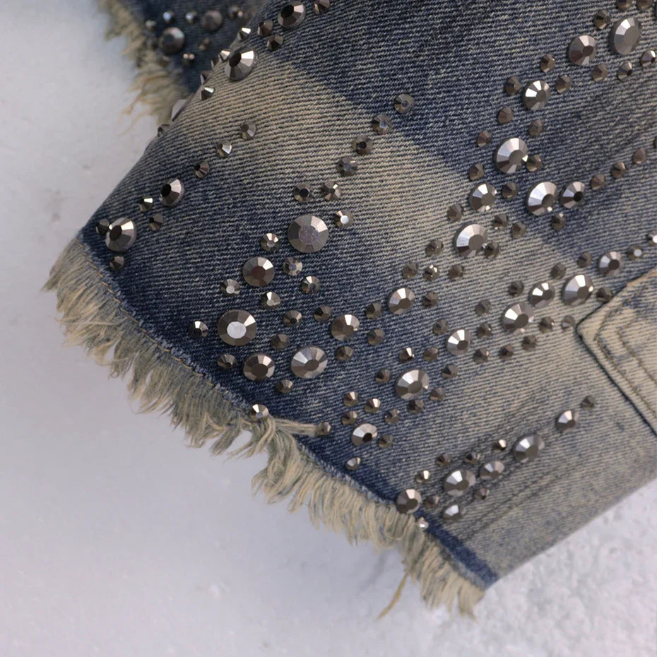Fire Diamond Denim Rhinestone Shorts