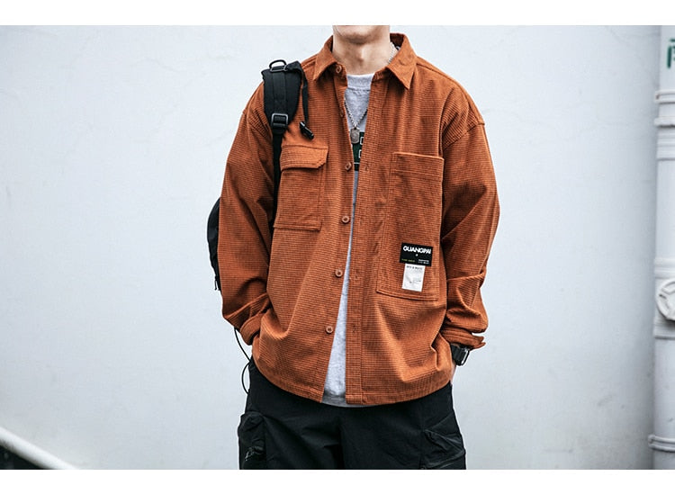 Corduroy Waffle Plaid Semi Collar Overshirt