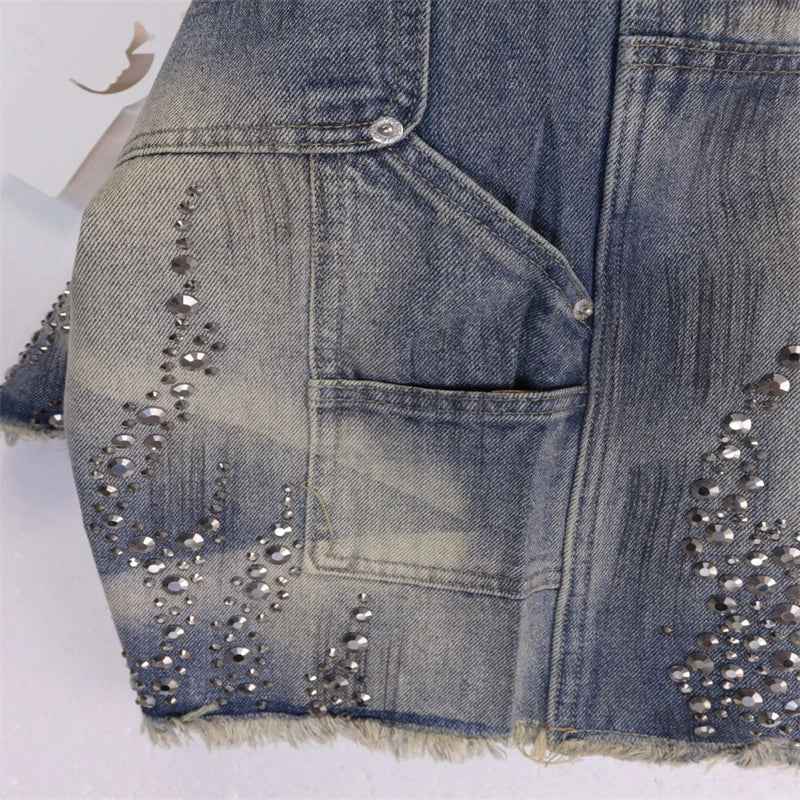 Fire Diamond Denim Rhinestone Graphic Short
