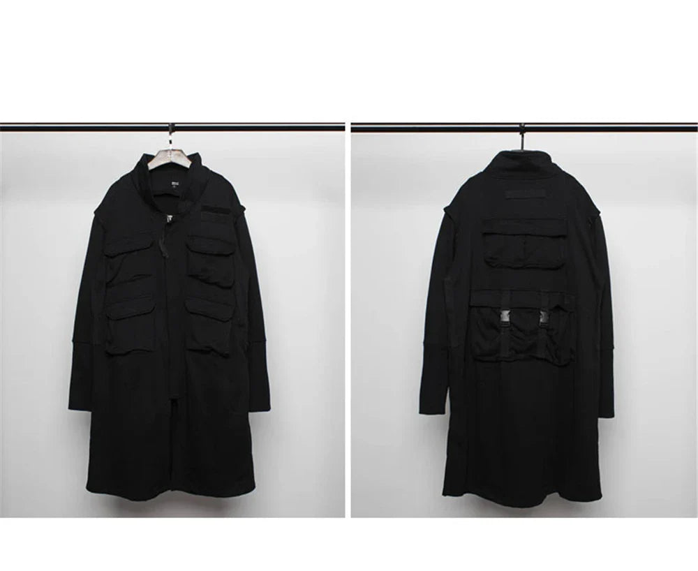 Blackish Gothic Long Trench Multi Pocket  Coat