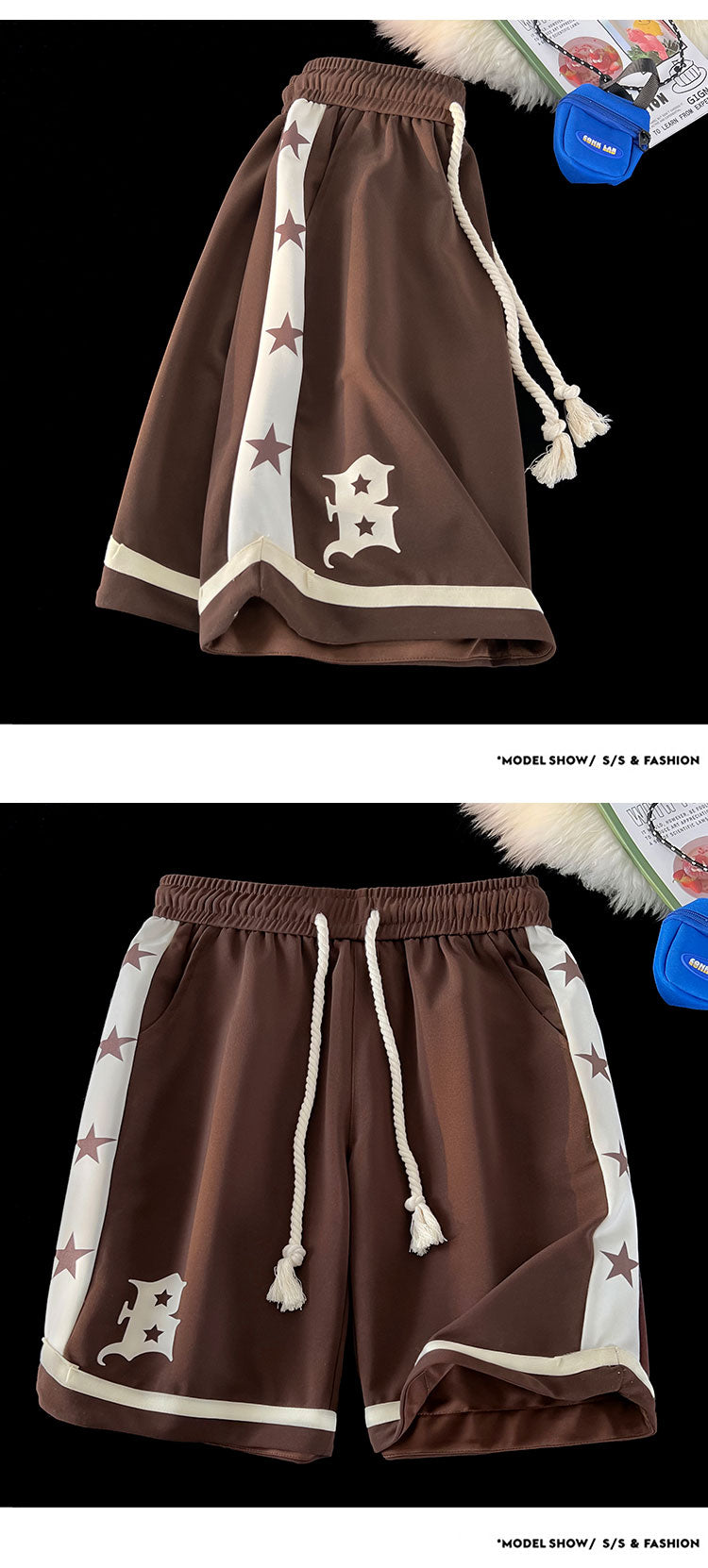 B Letter Drawstring Stars Patchwork Shorts