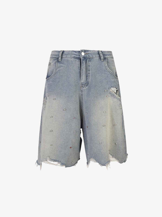 Rhinestone Denim Ripped Shorts