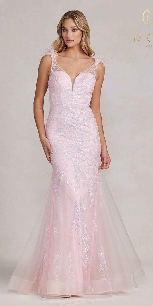 Nox Anabel T1208 Long Mermaid Gown with Feather Straps