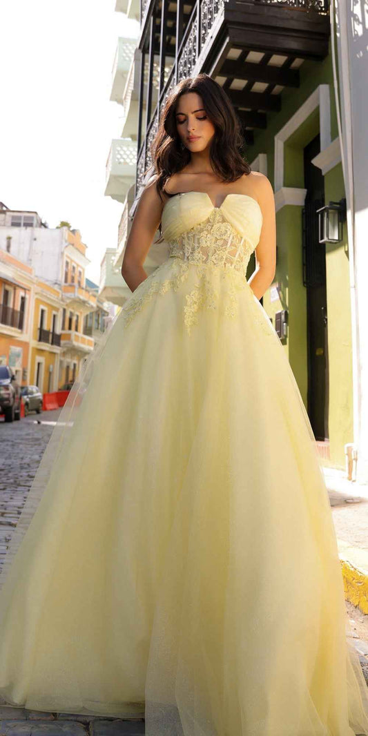 Nox Anabel T1326 Long Strapless Bonded Bodice Glitter Tulle A-Line Gown