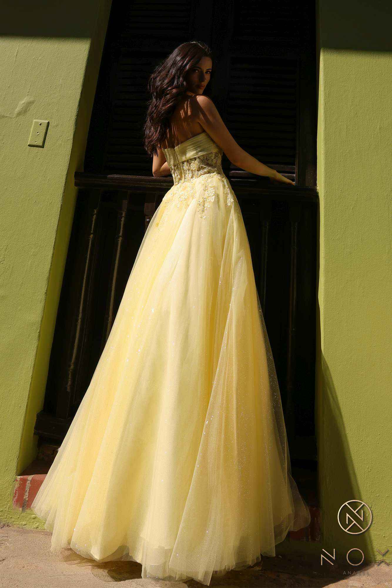 Nox Anabel T1326 Long Strapless Bonded Bodice Glitter Tulle A-Line Gown