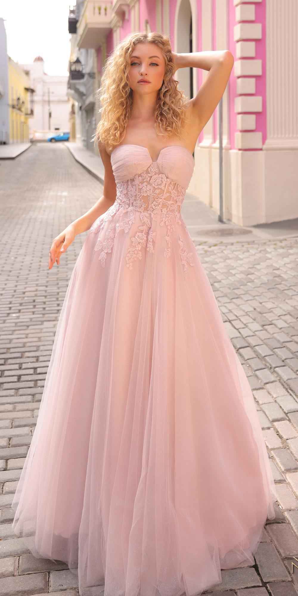 Nox Anabel T1326 Long Strapless Bonded Bodice Glitter Tulle A-Line Gown