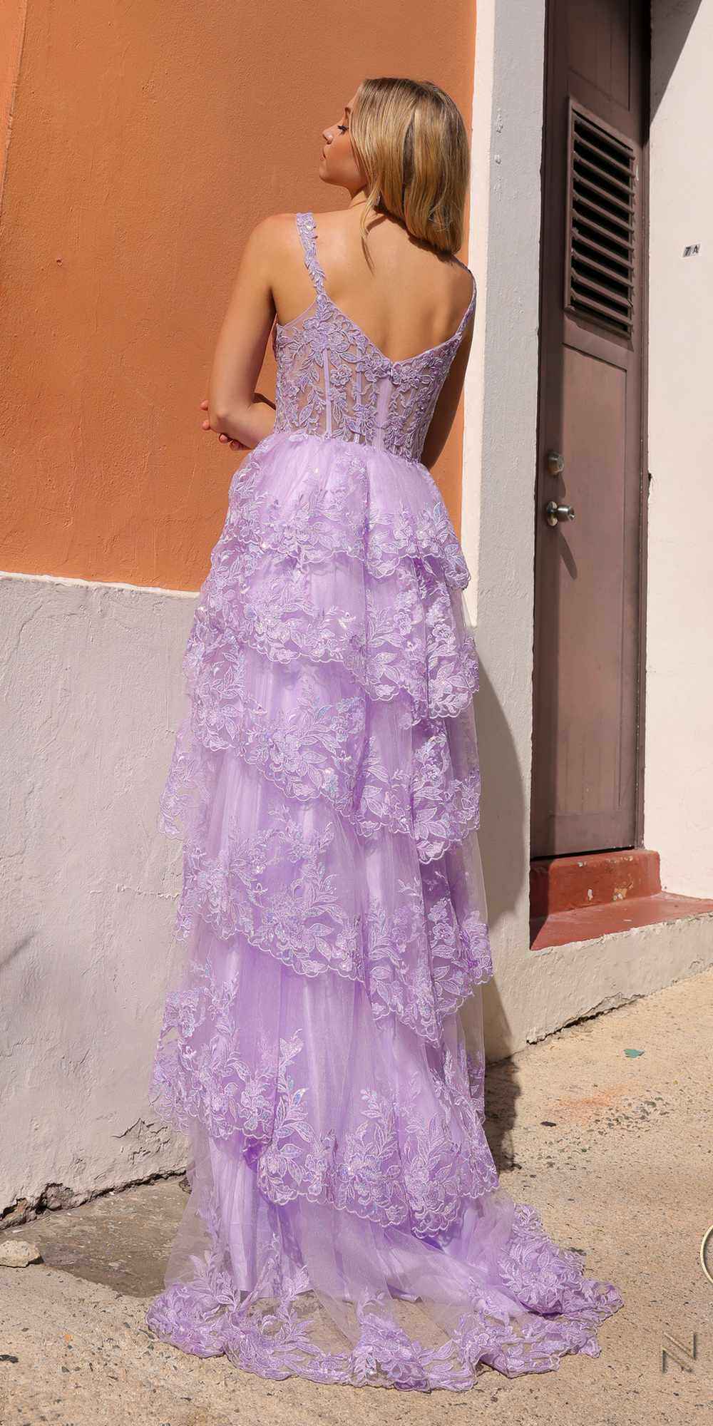 Nox Anabel T1335 Long A-Line Tiered Skirt Lace Applique Sweetheart Dress
