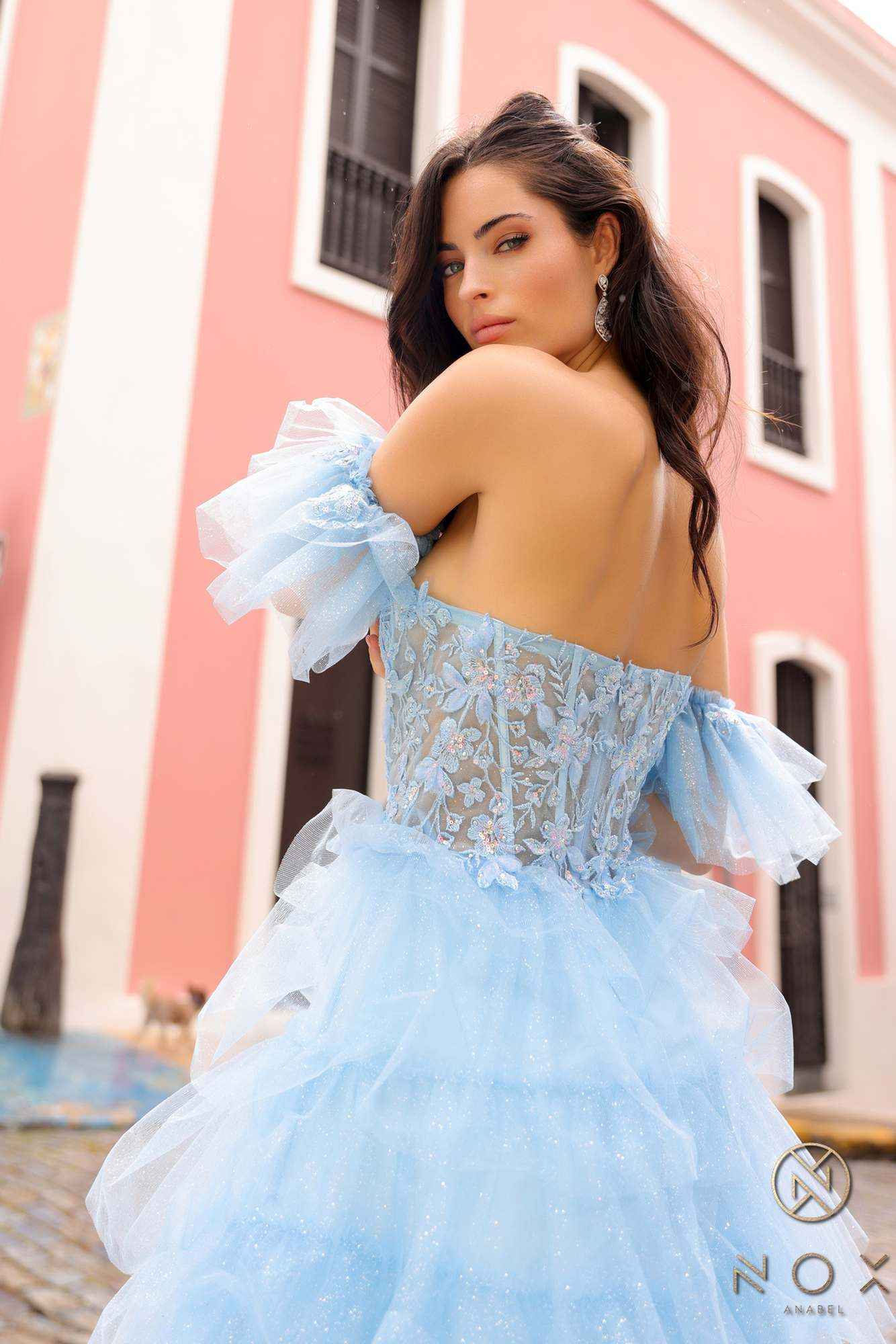 Nox Anabel T1338 Long Ruffled Tiered Skirt A-Line Ball Gown Arm Cuffs