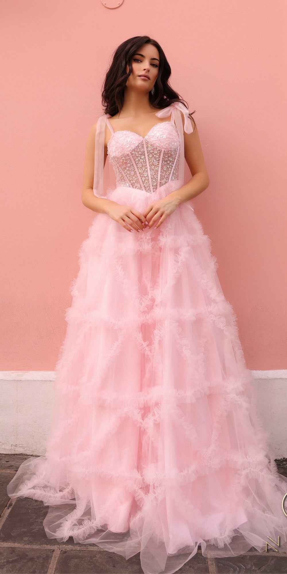 Nox Anabel T1340 Long Ruffled Skirt Boned Bustier Ribbon Strap A-Line Gown