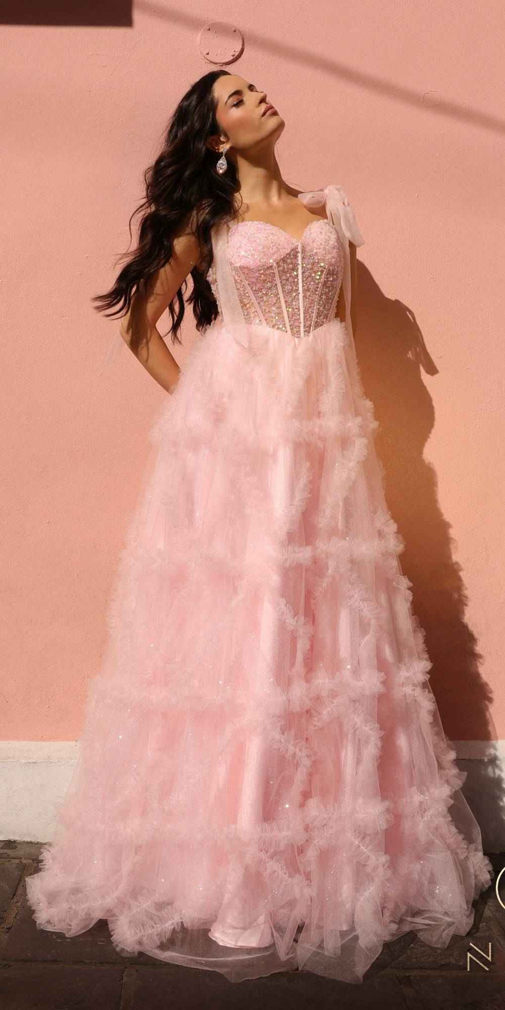Nox Anabel T1340 Long Ruffled Skirt Boned Bustier Ribbon Strap A-Line Gown