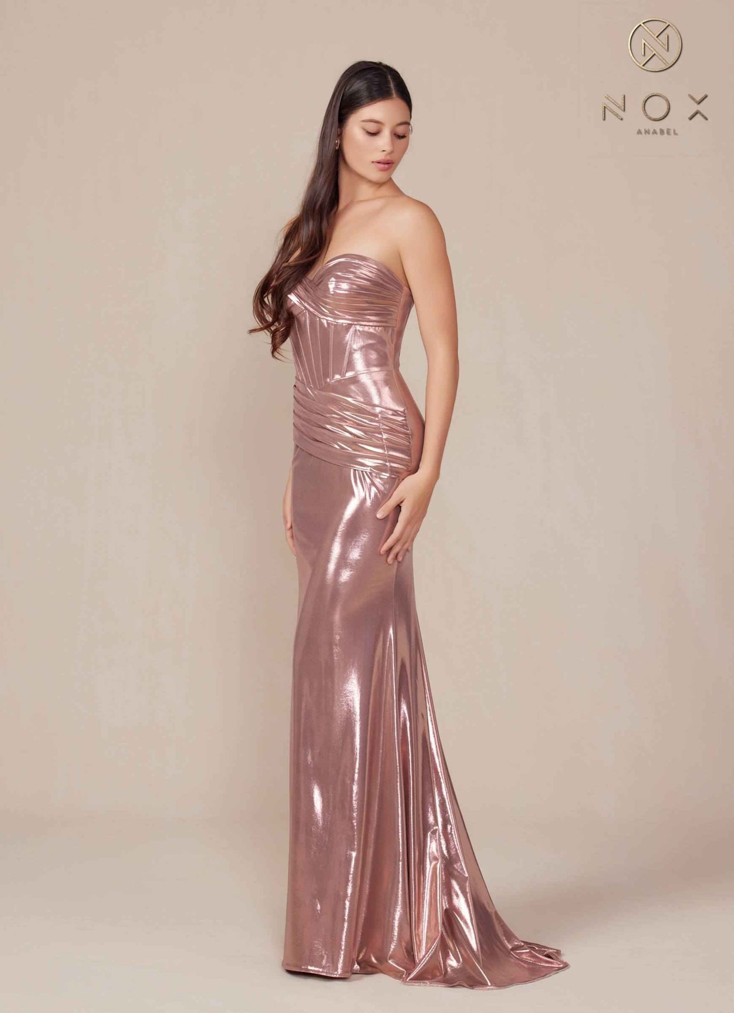 Nox Anabel T1499 Dress Strapless Metallic Satin Fitted Gown