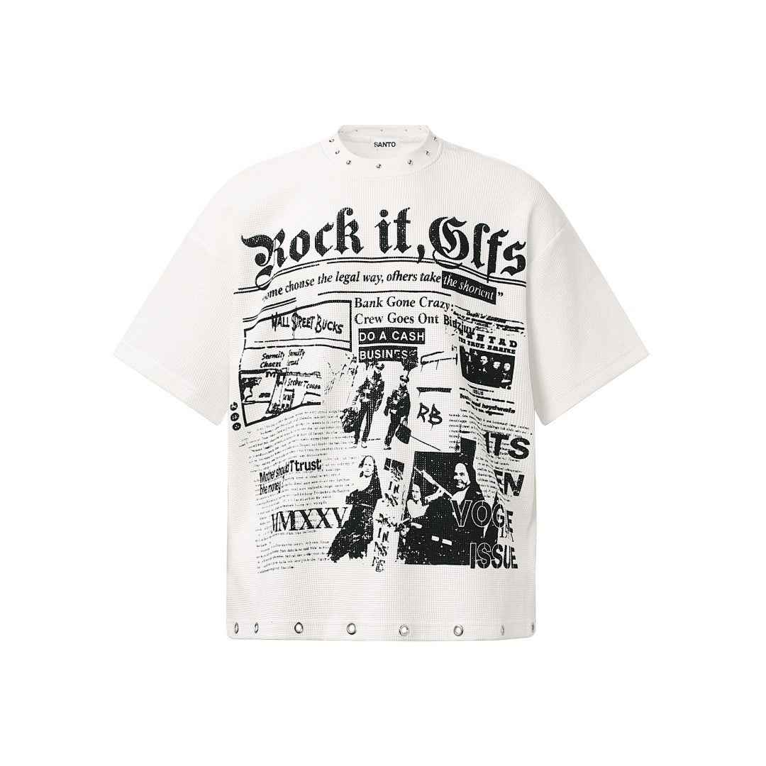 Oversized Newspaper Print Grommet Detail T-Shirt