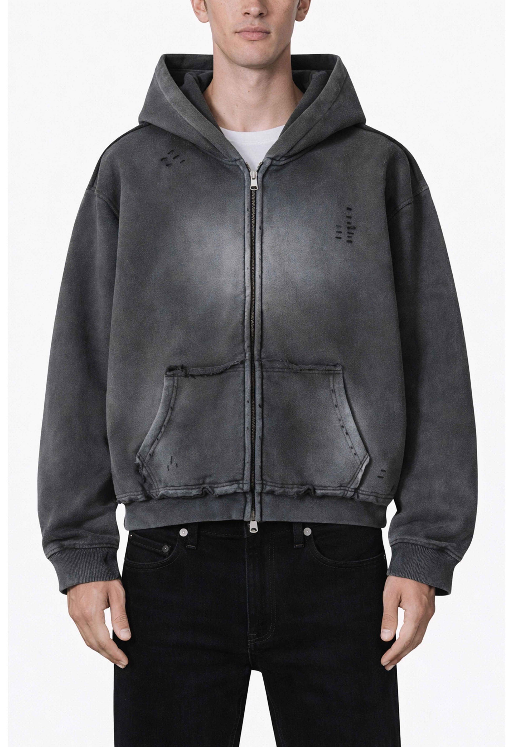 CHARCOAL DISTRESSED ZIP HOODIE