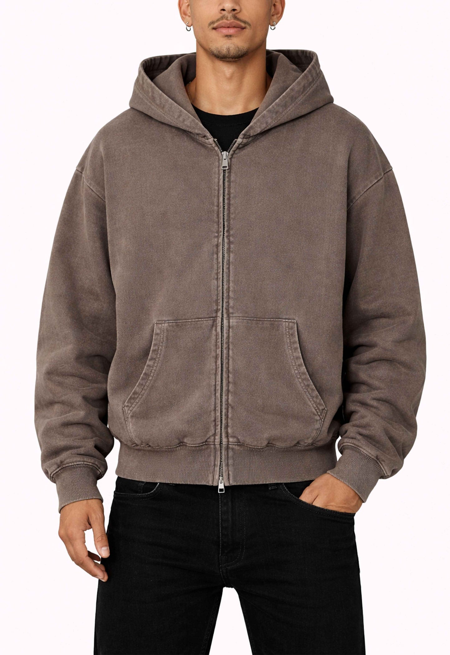 BROWN VINTAGE WASH ZIP HOODIE