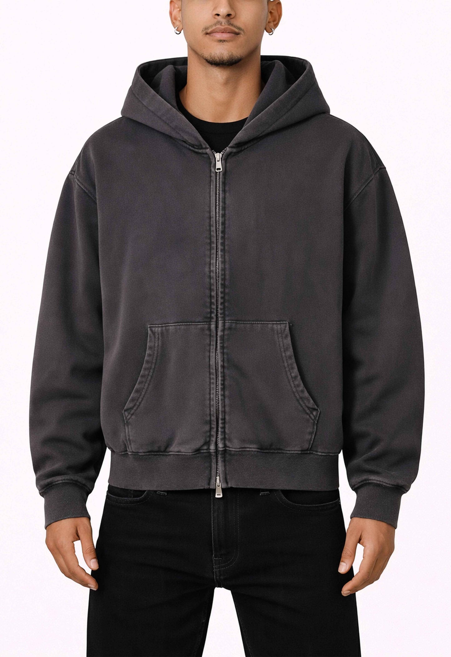 GREY VINTAGE WASH ZIP HOODIE