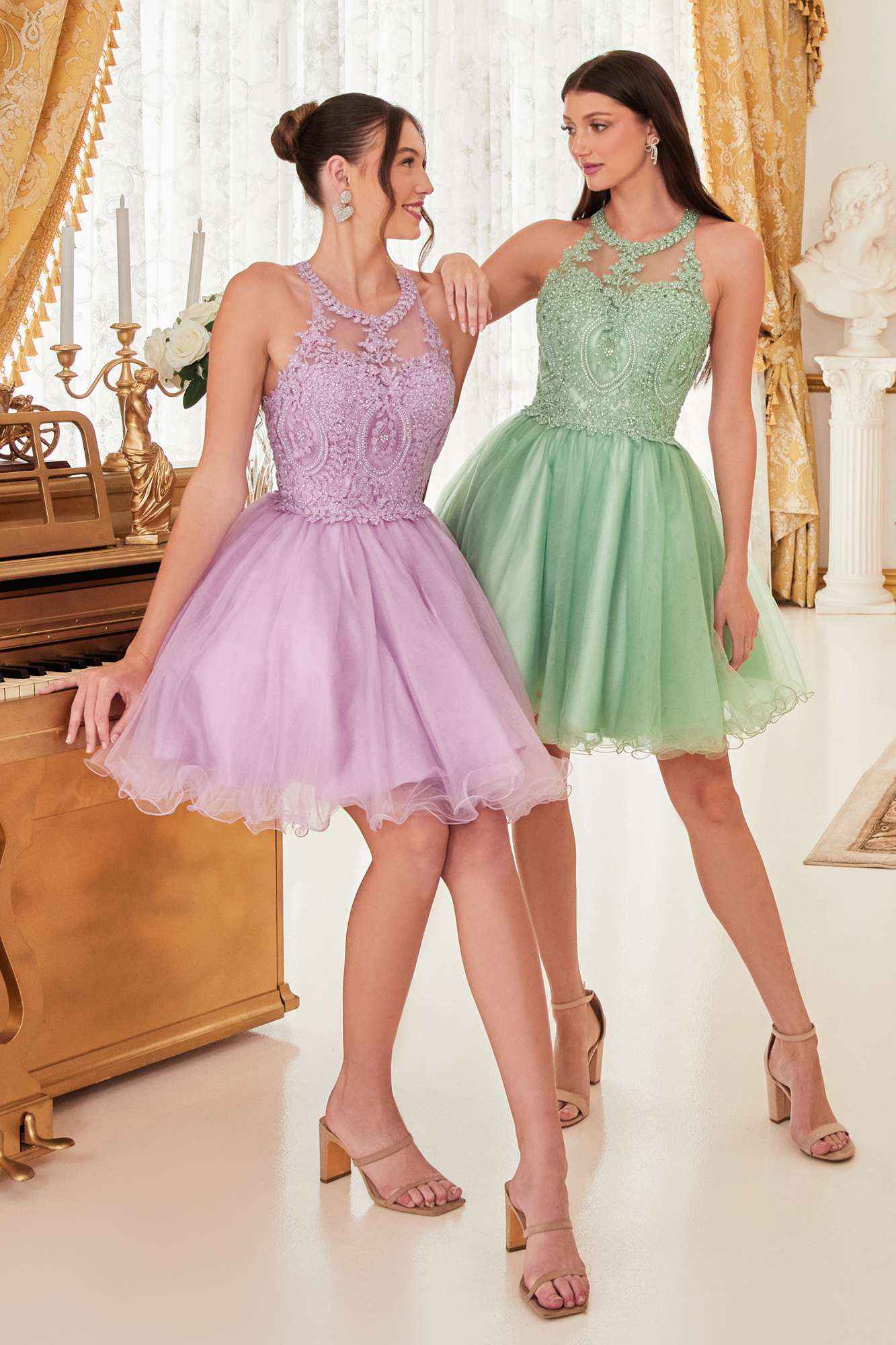 Ladivine UJ0119 Short Appliqued Bodice Halter Tulle Skirt Dress
