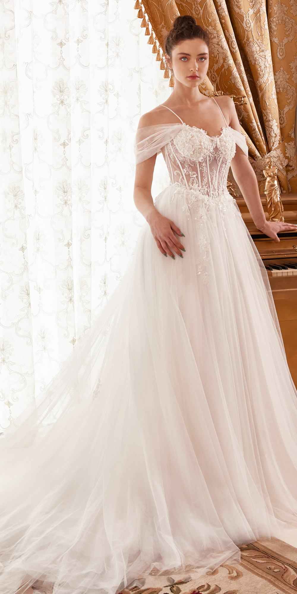 Ladivine WN307 Layered Tulle A-Line Bridal Gown With Corset Bodice