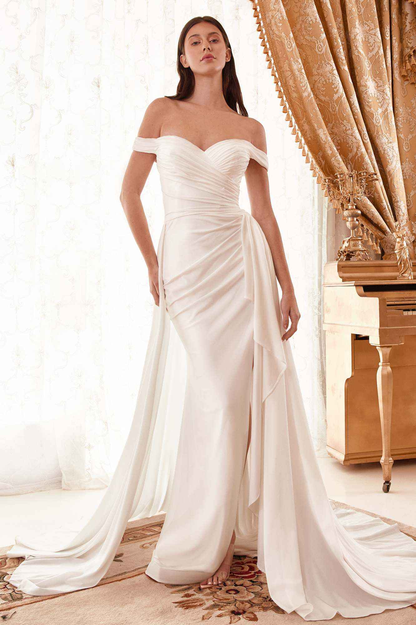 CLEARANCE - Ladivine WN315 Long Draped Off The Shoulder Bridal Gown With Overskirt (Size 10)