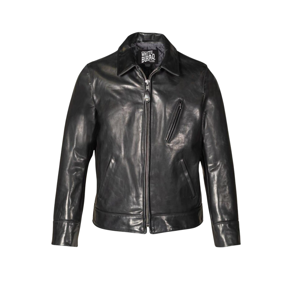 Men's Black Waxed Cowhide Leather Jacket with Shirt Collar