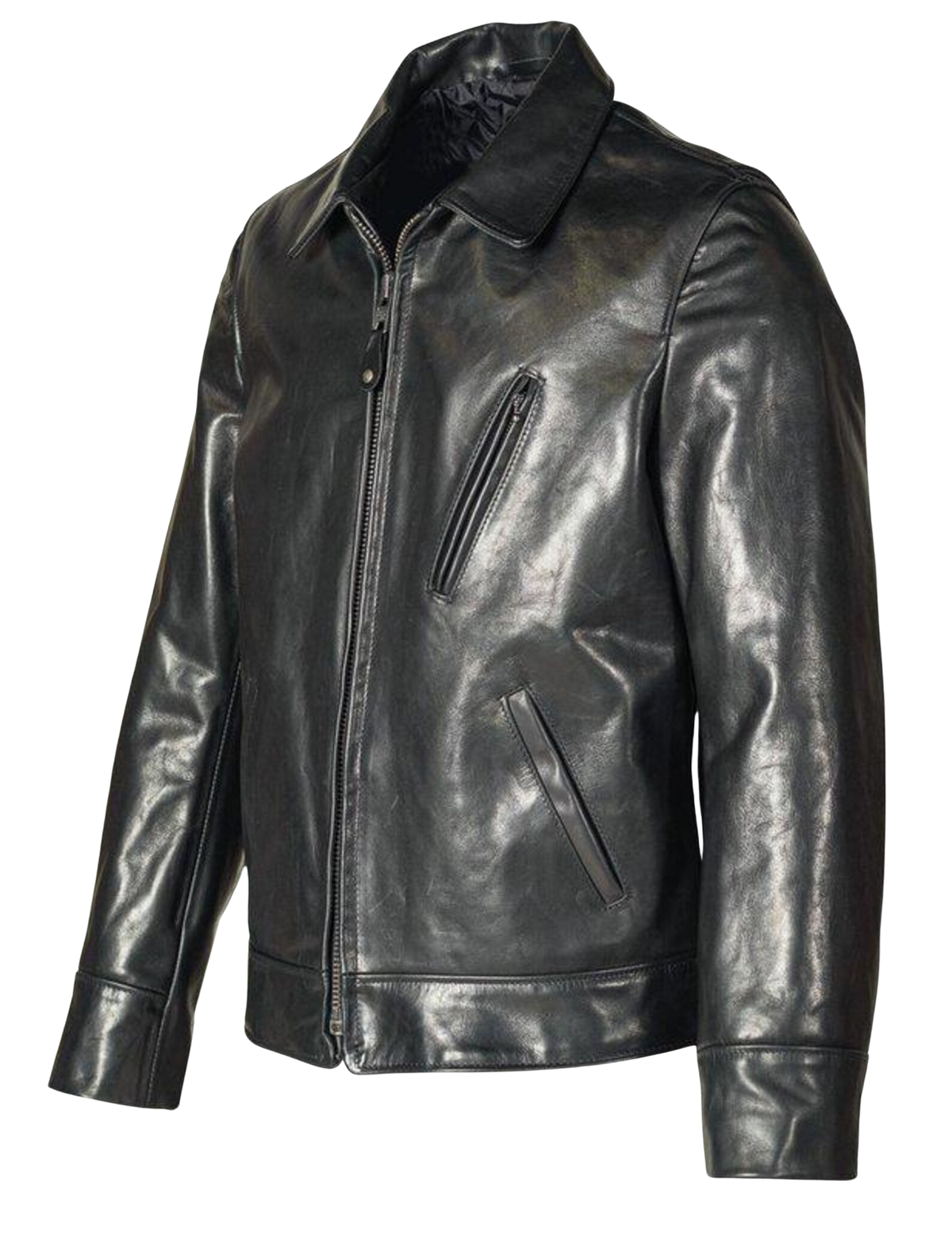 Men's Black Waxed Cowhide Leather Jacket with Shirt Collar