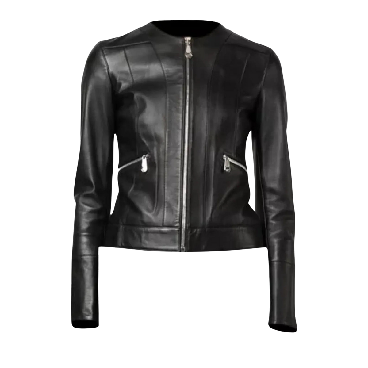 Women's Black Collarless Leather Jacket