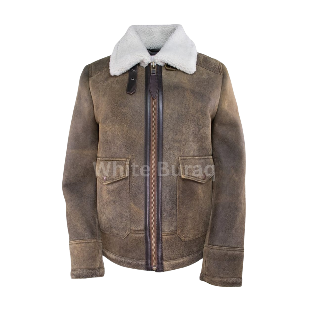 Women's Distressed Brown Leather Bomber Jacket with Shearling Collar