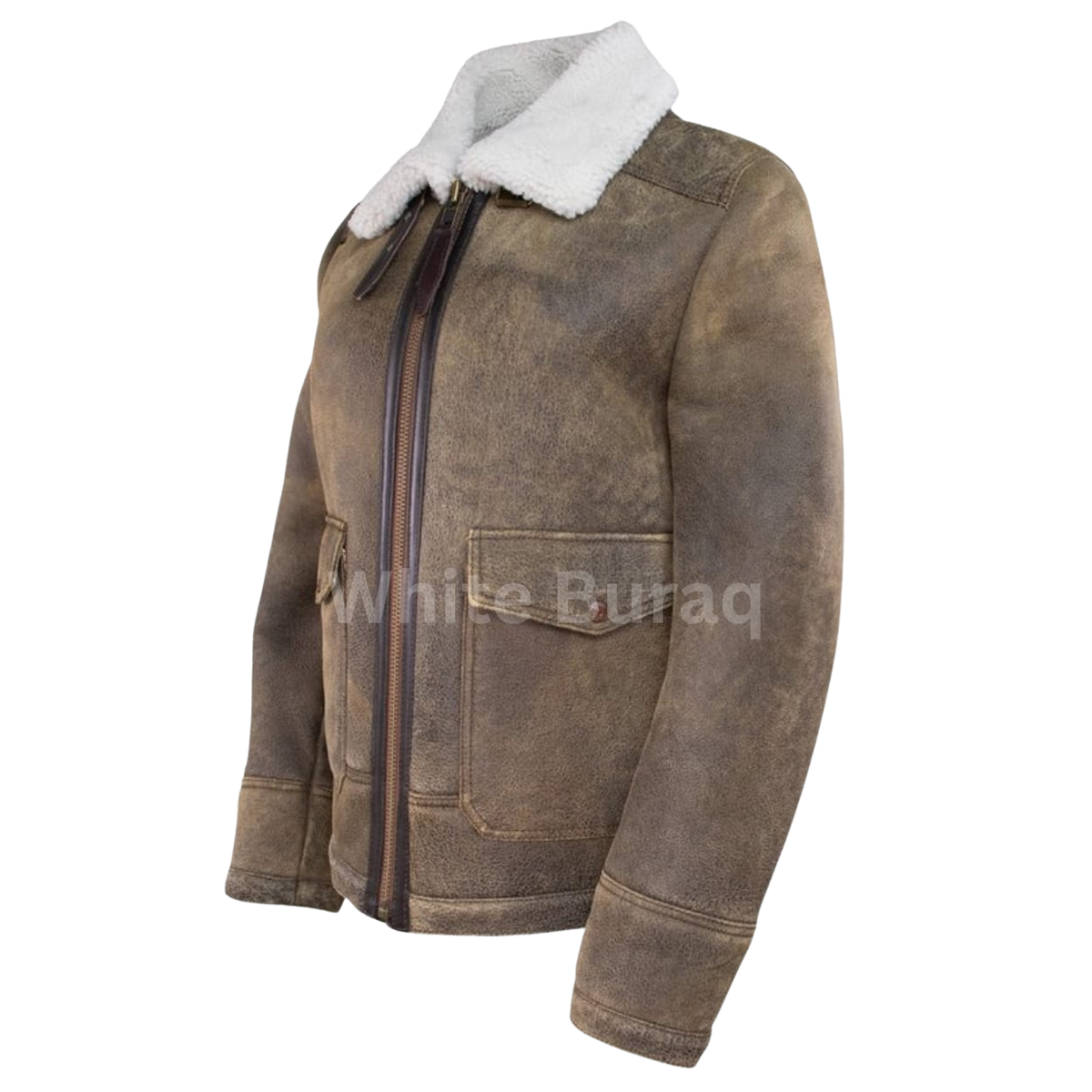 Women's Distressed Brown Leather Bomber Jacket with Shearling Collar