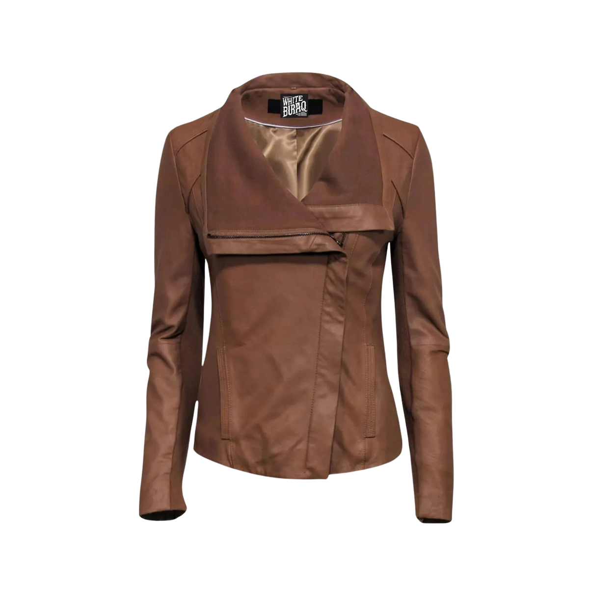 Women's Distressed Brown Leather Jacket with Draped Collar