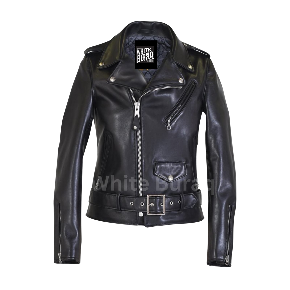 Women's Black Leather Biker Jacket with Lapel Collar