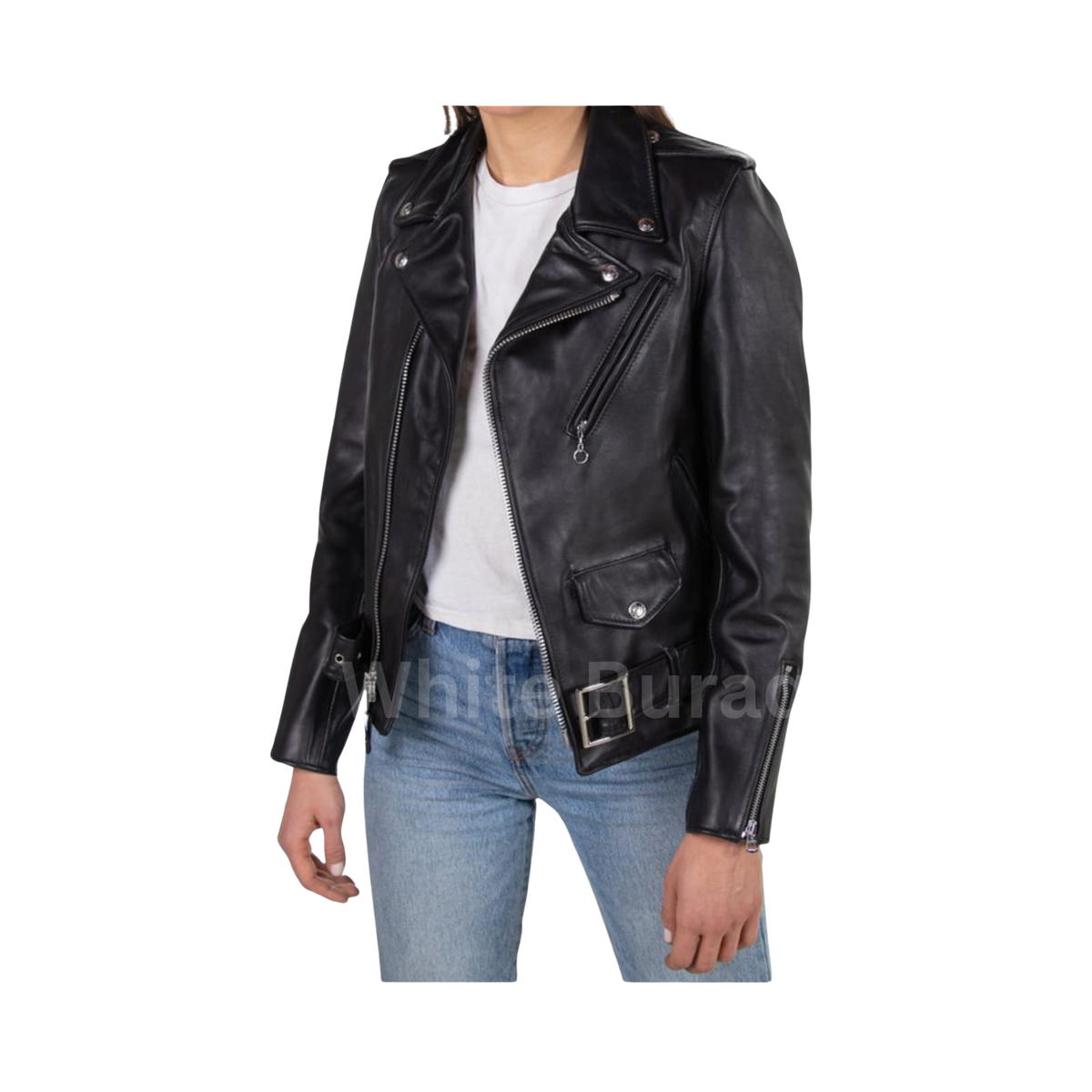 Women's Black Leather Biker Jacket with Lapel Collar